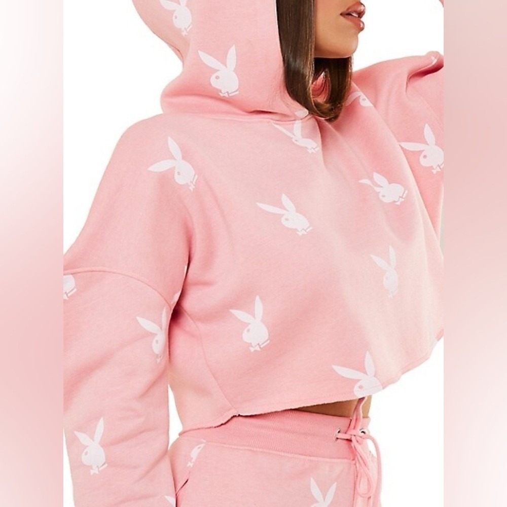 Playboy x Missguided Jogger set Women Pink Bunny Logo Cropped Hoodie Size 6